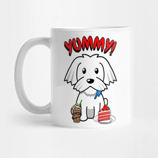 Cute white dog is having coffee and cake Mug